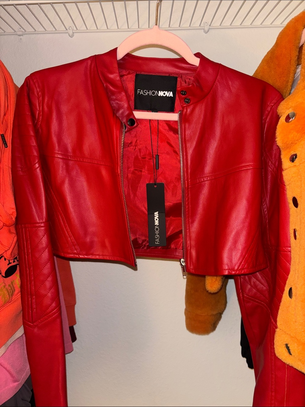Red Cropped Biker Faux Leather Jacket - Women - Picture 2 of 3